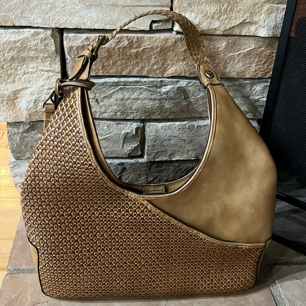 Patricia Nash Woven Hobo Shoulder Bag in Tan and Brown